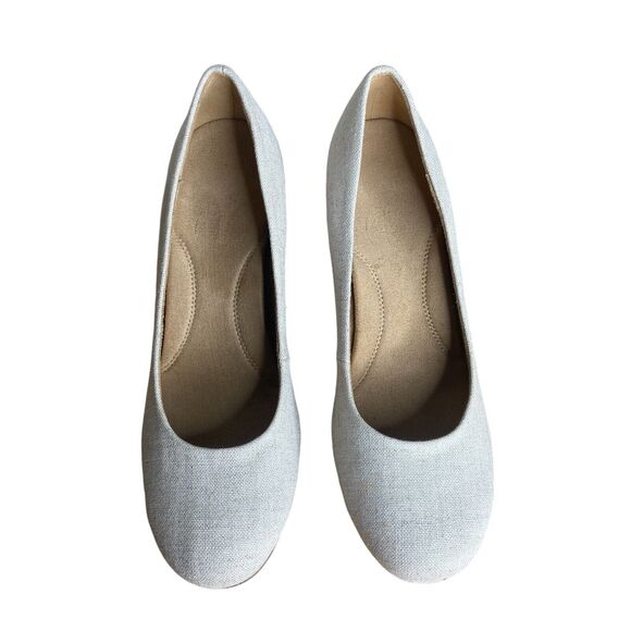 AEROSOLES Wedge Heels Size 9 Pumps Plum Tree Fabric Canvas Cork Heelrest Cream - Picture 4 of 10